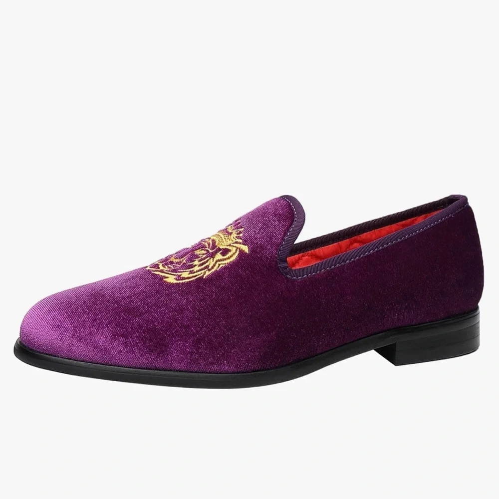 NEW Men's Purple Velvet Embroidered Slip-On Loafers size 15  wedding  prom shoes